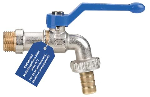 BADfabrik24 Auslaufkugelhahn Silver DN 15 (½) – Messing vernickelt PN10, Aluminium-Hebel, integrierter Filter & Schlauchanschluss – robuster Außenwasserhahn für Garten & Haus
