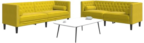 QJBSAVVA 2-TLG. Chesterfield-Sofa-Set Gelb Samt mit Nackenrollen 174x74,5x70,5 cm & 194x74,5x70,5 cm Retro Couchgarnitur für Wohnzimmer Jugendzimmer Büro