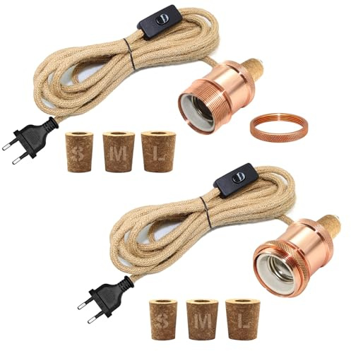 LQUNFYL 2 kit lampada bottiglia, 240 cm corda di canapa cavo, ceramica portalampada E27, supporto lampadina per bottiglia, 3 tappi morbidi, adattatore per bottiglia per diverso paralume, oro rosa