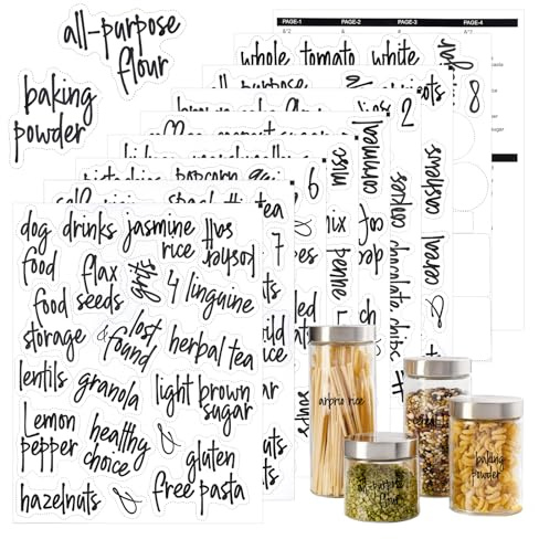 170PCS Food Pantry Labels, Kitchen Container Storage Labels, Kitchen Pantry Label for Food Containers, Preprinted Black Script Vinyl Stickers for Organization Canisters, Jars, Boxes and Bottles