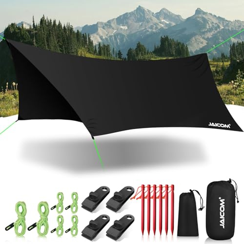 JAICOM Tarp Wasserdicht, 3.6x2.9m Ultraleicht Camping Zeltplane, Anti-UV | Sonnen Regen Schutz Schnee, Sonnensegel mit Öse, Nylonseile, Aluminiumstifte, Zelt Clips, für Hängematte Picknick Wandern