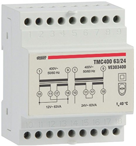VEMER VE303400 TMC 400 63/24 - Trasformatore 24V per Servizio Continuo, Installazione su Barra DIN, Potenza 63V, Tensione Primario 400V, Bianco