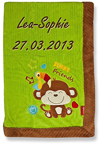 SL-Store GbR Babydecke Decke mit Namen Bestickt 76x102 cm Motivwahl Giraffe Löwe Hase Bär Schmetterling Ente Elefant Hund Eule Zebra kuschlig weich (AFFE grün braun)