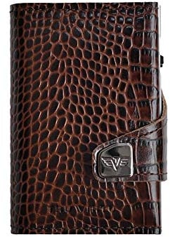 TRU VIRTU® Karten-Portemonnaie Click & Slide Doublewallet Croco Brown/Silver I Kreditkartenetui I Kartenetui-RFID-NFC-Schutz I Geldbörse aus echtem italienischen Leder I Geldbeutel I Slim Wallet
