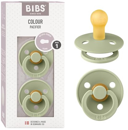 BIBS Colour Dummy, 0-6 Months, 2-Pack, Round Teat, Sage | Natural Rubber Latex | Size 1 | BPA-Free | Made in Denmark | High Teat Acceptance | Airflow Holes | Comfort Shield