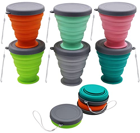 Xocome Coupe d'Eau Pliable, Lot de 6 Tasses de Voyage Camping Mug Avec Couvercle, 200ML Capacité, Silicone, Pour Café, Randonnée, Pique-Nique