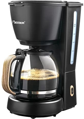 Bestron Filter-Kaffeemaschine für 10 Tassen Kaffee, inkl. 1,5 Liter Glaskanne, Permanentfilter & Warmhalteplatte, 1.000 Watt, Black & Wood-Design, Farbe: Schwarz / Holz