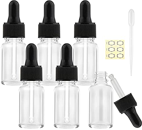 Alledomain 6Pcs, 10ml Transparent Glass Bottles with Dropper Pipettes, Mini Empty Dropper Bottles Black Plastic Cap Refillable Clear Sample Container for Essential Oil/Massage Oil/Chemical Liquid