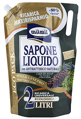 milmil Flüssigseife Kiefer und Winepro Nachfüllpackung 2000 ml Maxi-Format, Formel mit natürlicher antibakterieller Formel, Handseife, Gesicht und Körper, pH-Wert, dermatologisch getestet