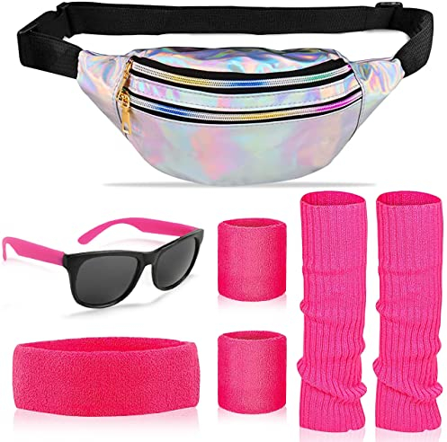 LGZIN 80er Jahre Kleidung Damen Set, 80er Kleidung Damen Sportlicher Accessoires, Rosenrot Schweißband Armbänder Set, Beinwärmer, Silber Bauchtasche, Brille für 80er Outfit Party Kostüm Accessoires