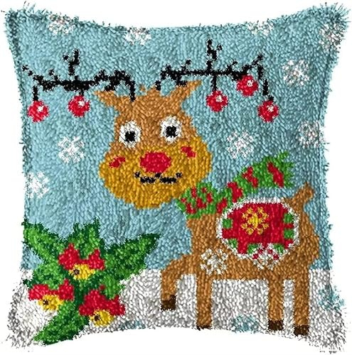 ROCKY&CHAO Knüpfteppich Zum Selber Knüpf-Sets mit Kissen knüpfen-Set 43x43cm Kissenbezug-Set für Erwachsene und Kinder Latch Hook Kit Heimaccessoire（Weihnachten Rentier）