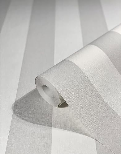 WALLCOVER Tapete Weiß Grau Vliestapete Streifen Streifentapete Landhaus Weiß Linien Modern Blockstreifentapete Fein Struktur 10.05 x 0.53 m Made in Germany