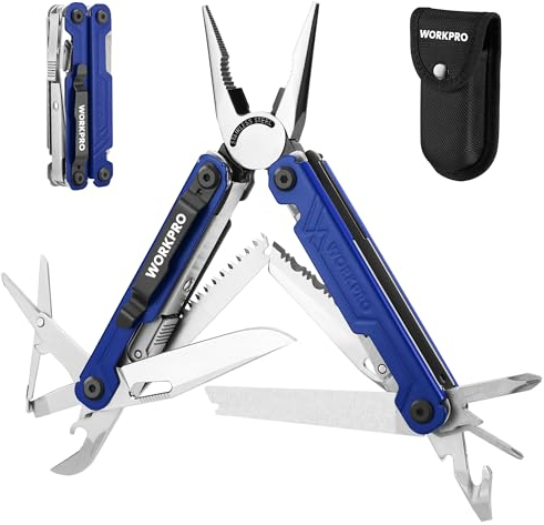 WORKPRO Multifunktionszange, 18 in 1 Multitool Werkzeug Faltbares Edelstahl Multifunktionswerkzeug mit Messer, Flaschenöffner, Schere, Gürtelclip für Camping Reparieren, Geschenk mit Tragtasche, Blau