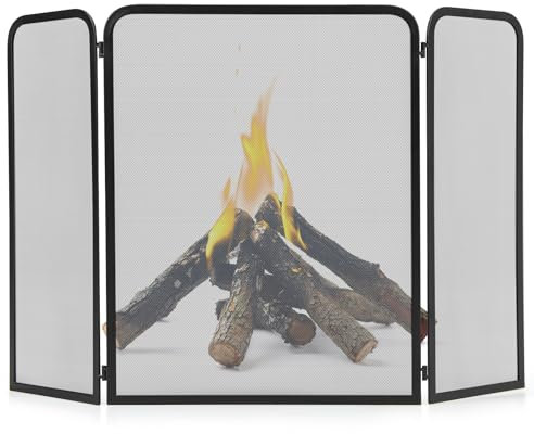 COSTWAY 3 Panel Folding Fire Guard, 96cm x 61cm Fireplace Screen Fence with Flexible Hinges, Wrought Iron Mesh Spark Fire Panels for Wood and Coal Firing, Stoves, Grills