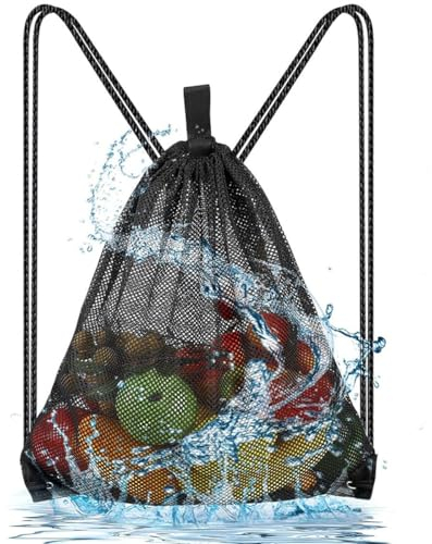Schwarze Nylon-Netztaschen Kordelzug Netzbeutel Netz Gym Rucksack Sport Fitnessgeräte Aufbewahrungstasche Großem Fassungsvermögen Einkaufen Netzschnurtasche für Spielzeug Sport Outdoor-Aktivitäten