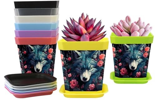 Lot de 8 pots de fleurs avec bases - Motifs loups - Petits pots de fleurs pour plantes grasses intérieur/extérieur - Pour jardin et chambre d'enfant