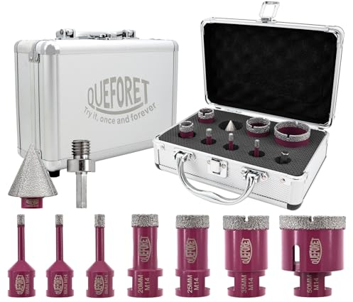 QUEFORET Forets Diamant pour Carrelage 9 Pièces - 7 Pièces 6/6/8/20/25/35/50mm x M14 Trépan de Forage, 1 Pièce 35mm Mèche de Chanfrein, 1 Pièce Adaptateur pour Céramique Porcelaine Marbre Granit