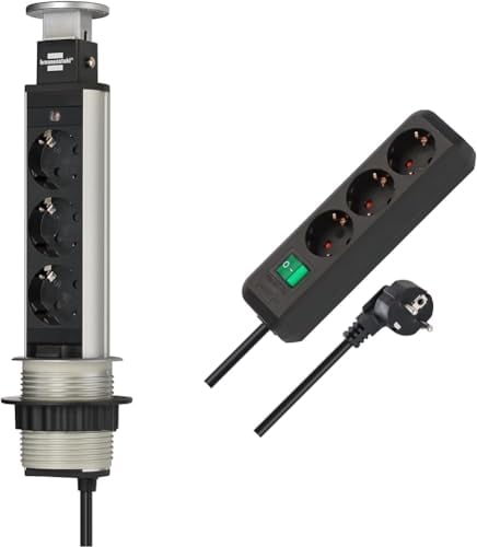 Brennenstuhl Tower Power Tischsteckdosenleiste 3-Fach & Eco-Line, Steckdosenleiste 3-Fach (Mehrfachsteckdose mit erhöhtem Berührungsschutz, Schalter und 1,5m Kabel) schwarz