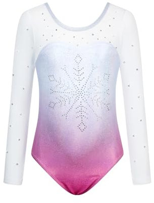 JiAmy Gymnastikanzug Mädchen Langarm, Kinder Glitzer Gymnastik Turnanzug Leotard Dancewear Gymnastikbody für 6-7 Jahre