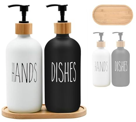 Set dispenser di sapone in vetro, 473 ml, dispenser di sapone per mani e piatti, con vassoio in bambù, cucina moderna