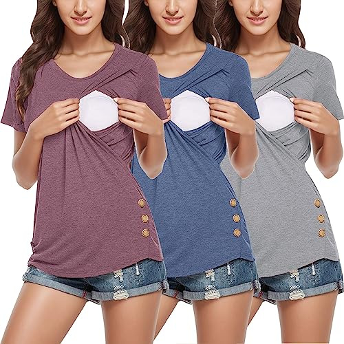 Damen Umstands-T-Shirt, kurzärmelig, seitliche Knöpfe, Rundhalsausschnitt, einfarbig, T-Shirt zum Stillen, 3er-Pack, Umstands-Top, Damen, Winter, grau, M