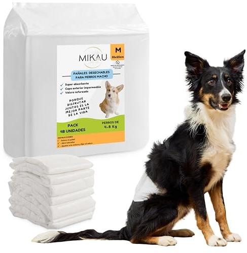 MIKAU Pañales para Perros (Pack de 48) - Pañales Perro Macho Ultra Absorbentes, Ajuste Antifugas, Cómodos y Resistentes, Fácil Colocación.Rollo de Bolsas de Caca Incluido (Talla M)