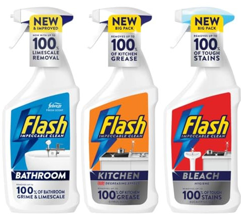 Flash Household Cleaning Bundle Gift Set, 3 x 800ml Sprays, Bathroom, Kitchen, Bleach, Spray, Multi-Surface Disinfectant, Antibacterial, Degreaser