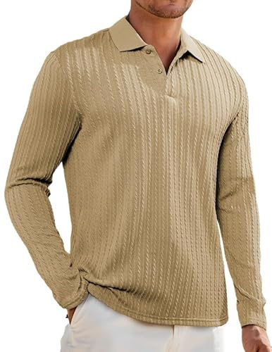 Elegancity Men's Polos Shirt Long Sleeve Regular Fit Cable Knit Golf Polo Shirts for Men Business Casual Solid Color Breathable Work T-Shirts, Khaki 3XL