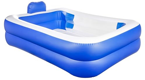 Aufblasbarer Pool 200x150x50cm mit Kopfstütze & Sichtfenster – 440L Familienpool Blau/Weiß für Garten, Balkon & Terrasse – mit Ablaufventil & Reparaturflicken