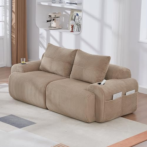 Dolamaní Couch 2 Sitzer, Sofa Cord Modulares, mit Getränkehalter und seitlicher Aufbewahrungstasche, montagefrei, für Wohnzimmer/Schlafzimmer/Büro/Wohnung (Khaki, 2 Sitzer)