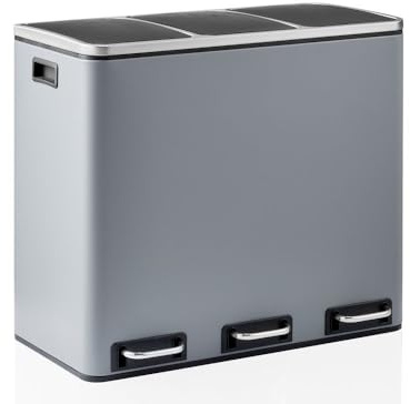 hjh OFFICE Cubo de basura para cocina 3 x 18 L, sistema de separación de basura con 3 compartimentos Clean 9, cubo metálico, con pedal, cubos interiores extraíbles, color gris oscuro