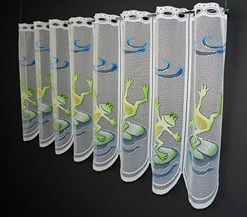 Scheibengardine Frosch 60 cm hoch weiß mit bunt - Wunschbreite frei wählbar durch gekaufte Menge in 17 cm Schritten - Meterware