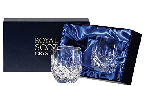 Royal Scot Crystal London Hand Cut Glass Whisky Barrel Tumbler Set of 2 in Presentation Box 240ml 8fl oz
