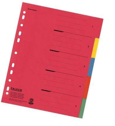 Falken Karton-Register für DIN A4 24 x 29,7 cm volle Höhe mit Organisationsdruck 5-teilig vollfarbig rot gelb blau orange grün Ringbuch Ordner Ring-mappe Ringbuch Hefter überbreit (5-teilig)