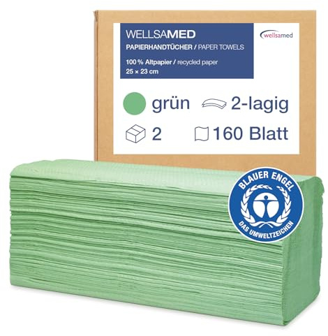 Wellsamed Papierhandtücher 320 Stück, 25 x 23 cm Grün 2-lagig, ZZ-Falz umweltfreundliche Falthandtücher, Handtuchpapier, Papiertücher