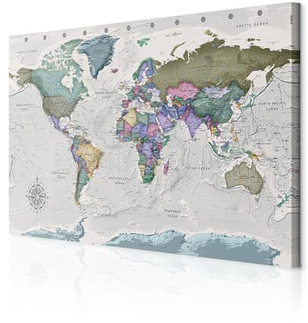 decomonkey Wandbilder Weltkarte 120x80 cm 1 Teilig Leinwandbilder Wanddeko | Strukturleinwand, Holzkeilrahmen, Bild auf Leinwand, Kunstdruck, Wohnzimmer, Wanddekoration, Welt Karte, Landkarte