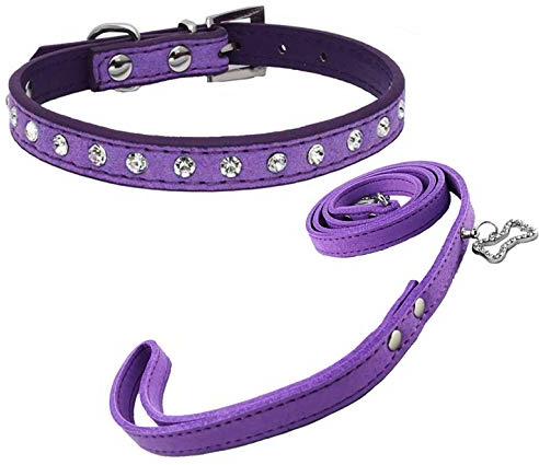 Newtensina Netter Diamante Welpen Halsband und Leine Set Bling Wildleder Halsband mit Leine für kleine Hunde Katzen - Purple - XS