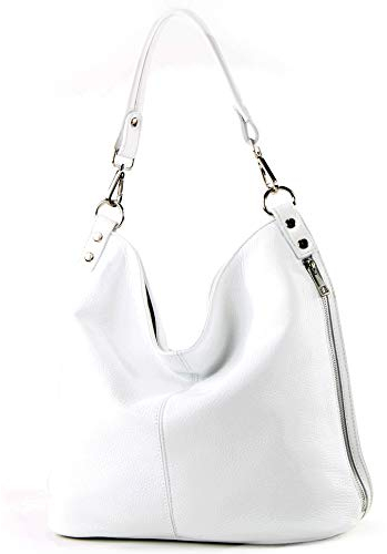 modamoda de - T177 - ital. Damen Schultertasche aus Leder, Farbe:Weiß