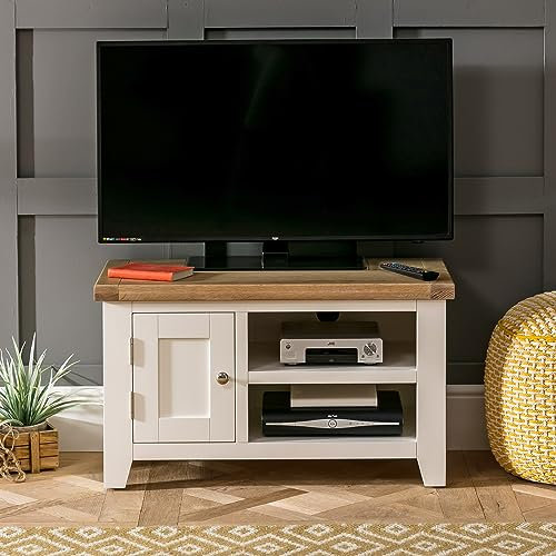 The Furniture Market Cheshire Cream Painted Small TV Unit - Up to 42 Widescreen Size, Compact Corner TV Stand, Limed Oak Top, No Assembly Required - H 505mm x W 870mm x D 430mm
