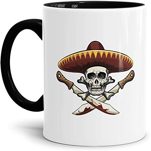 Skull-head Becher/Totenkopf-Tasse Innen & Henkel Schwarz mit Aufdruck mit Sombrero und blutigen Macheten