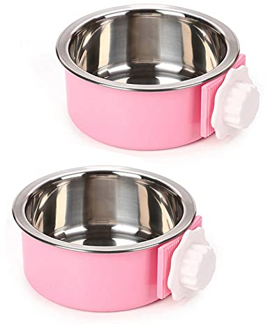 Fuwok 2 IN 1 Stainless Steel Pet Hanging Bowl Removable Dog Bowl for Crates Puppy Food Feeder Water Dish with Bolt Holder for Medium Dog 2 Packs (Pink)
