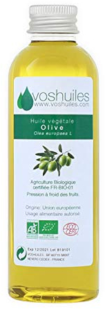 VOSHUILES - Huile Végétale BIO Vierge Extra d'Olive - Parfum Olive - 250ml - Huile d'olive Biologique - Idéale pour soins de la peau et cheveux - Qualité Premium