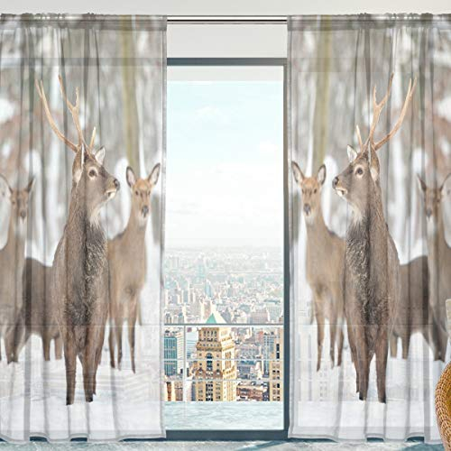 MNSRUU Scheibengardine, Hirsch im Winterwald, weicher Tüll-Voile-Vorhang für Wohnzimmer Schlafzimmer 140 x 198 cm, 2 Paneele