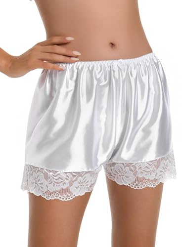 Satini Women's Lingerie Lace Briefs Panties French Knickers Satin Shorts (White, XXL)