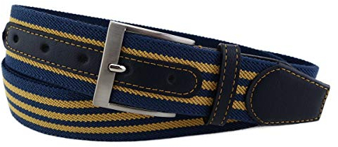 TigerTie hochwertiger Stretchgürtel mit Edelstahl Schnalle und echt Leder Applikationen in gelb ocker dunkelblau gestreift. Gürtelbreite 40 mm, Bundweite 110 cm