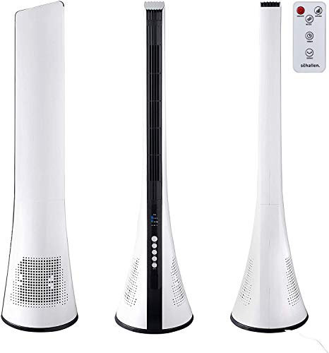 Schallen Oscillating Bladeless Modern Slimline Tall Floor Standing Tower Fan with Remote Control, 3 Speeds, Timer & Sleep Mode - White