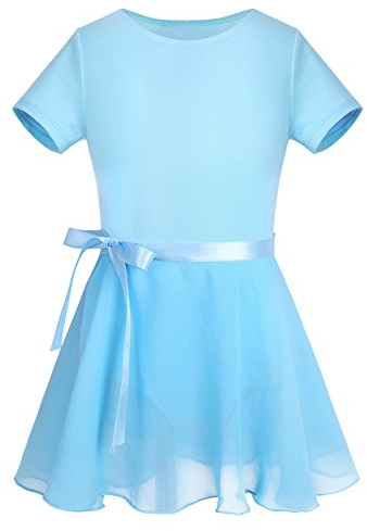 TiaoBug Mädchen Ballettkleidung Set Ballettkleid Ballettanzug + Wickelrock zum binden Tanz Sport Ballett Body Trikot Turnanzug Gymnastikanzug Kurzarm/Ärmellos Blau 158-164