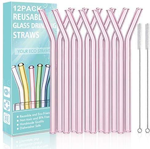 Wiederverwendbare gebogene Glas-Trinkhalme, Set mit 12 gebogenen Strohhalmen mit 2 Reinigungsbürsten, bruchfest, ungiftig, umweltfreundlich, wiederverwendbar, Rosa, 12 Stück