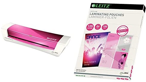 Leitz Set A4 Home Office Laminiergerät, Für 80 bis 125 mic Laminierfolien, Pink, 73680023 & Leitz Heißlaminierfolien A4 125 mic, Hochwertige Laminierfolien im 100er Pack, 33808