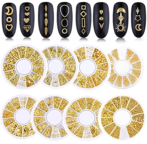 8 Boxes 3D Nail Art Studs, Nail Jewelry, Mixed Nail Art Beads, Nail Art Rhinestones, Metal Gold Star Moon Sun Heart Accessories for DIY Nail Deco for Women Girl - DIY Nail Design Craft Decoration